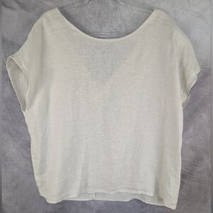 Cynthia Rowley XL 100% Linen Blouse Cap Sleeves Ribbon Ties In Back Tan